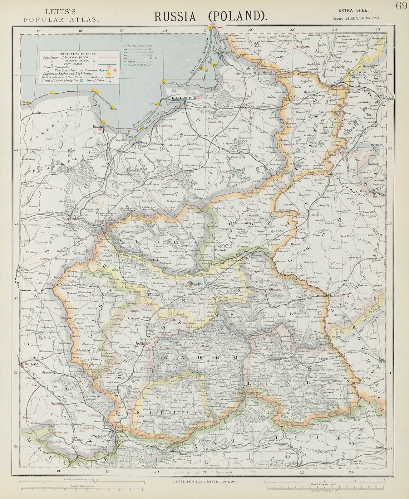 POLAND POLSKA Kielce Warsaw Radom Plock Lomza Lublin Kalisz. LETTS 1884 map